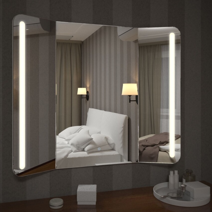 Шкаф с зеркалом в спальне напротив кровати в спальне